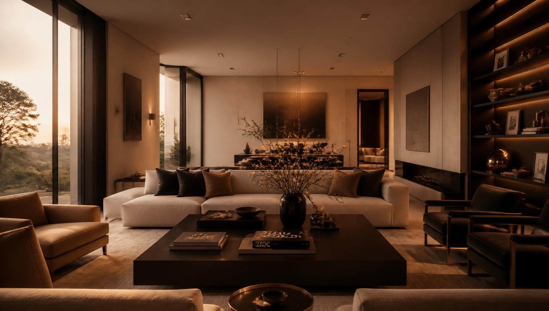 Luxury Vastu-aligned living room at golden hour